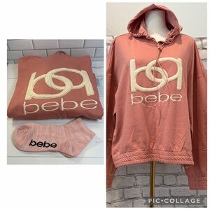 Bebe :3X Women's Dusty Rose Hoodie  Ruched Sweater with Socks Embroidered Logo